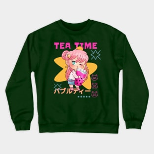 Bubble tea anime character - Tea Time Crewneck Sweatshirt